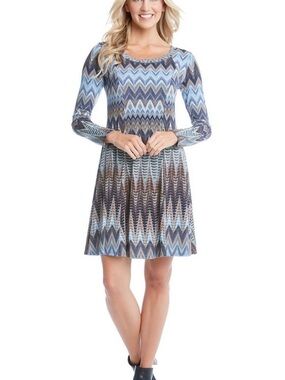 Karen Kane Long-Sleeve Chevron Fit-and-Flare Dress in Blue & Brown